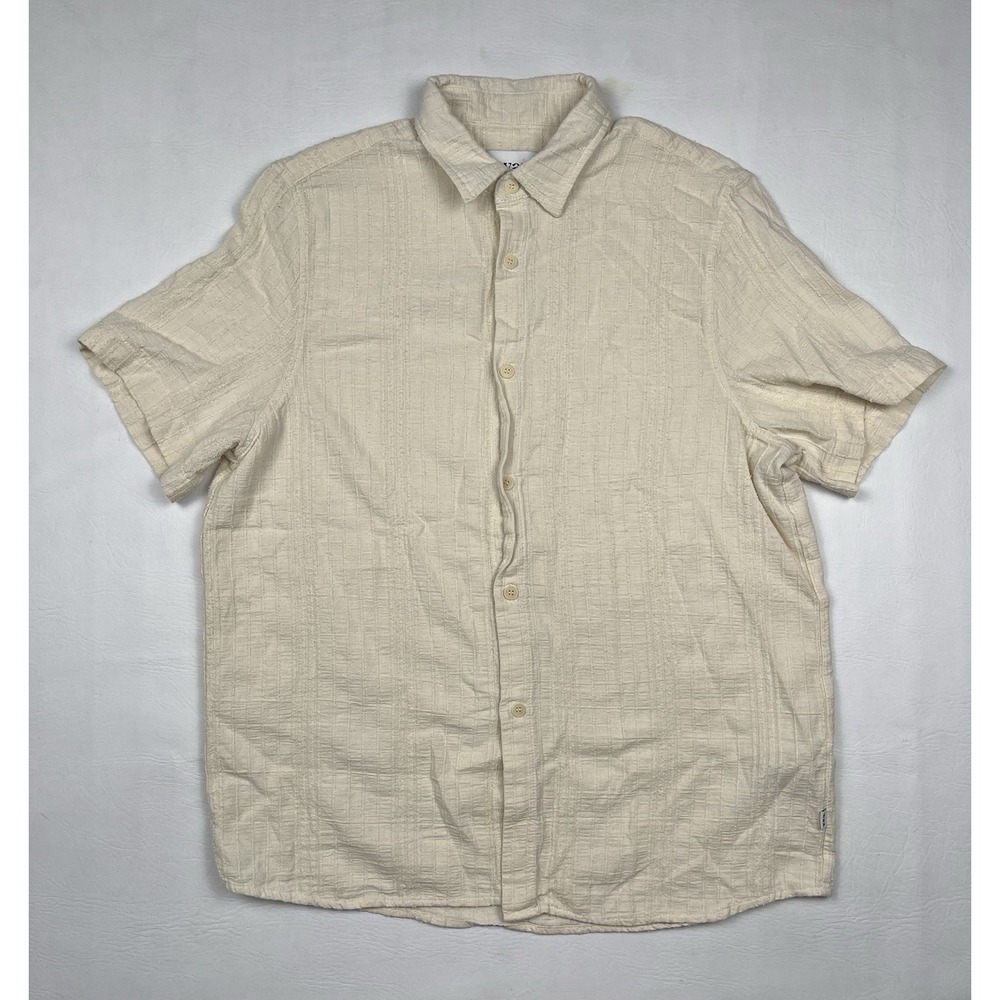 Wax London Didcot Shirt Mens XL Ecru Off White Weave Grid Cotton Button Up